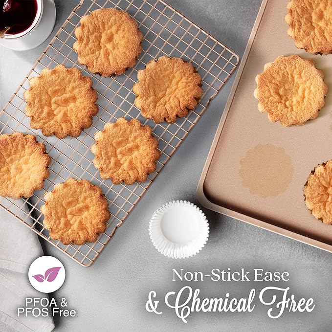 3 Cookie Sheets for Baking + Cooling Rack, Non Stick Baking Sheet Set with Cookie Cooling Rack - Half/Quarter/Jelly Roll Pan with Wire Rack, Sheet Pan Set of 3, Non Toxic Baking Sheets for Oven.