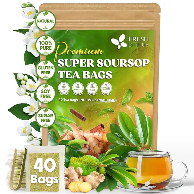 FreshDrinkUS, Super Soursop Herbal Tea ??40 Tea Bags | Soursop, Ginger, Turmeric, Lemongrass, Cinnamon, Black Pepper & Peppermint | Caffeine-Free, Natural Flavor, Plant-Based Blend | Sugar-Free