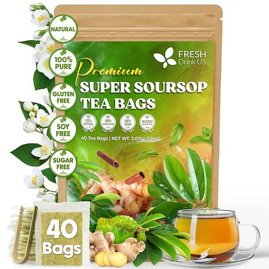FreshDrinkUS, Super Soursop Herbal Tea ??40 Tea Bags | Soursop, Ginger, Turmeric, Lemongrass, Cinnamon, Black Pepper & Peppermint | Caffeine-Free, Natural Flavor, Plant-Based Blend | Sugar-Free