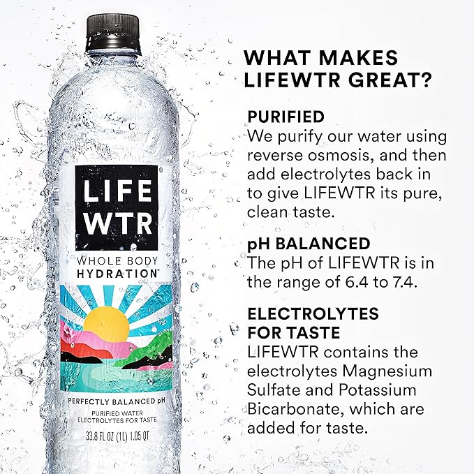 LIFEWTR Premium Purified Water, pH Balanced with Electrolytes, 100% recycled plastic bottles, 20 Fl Oz (Pack of 20), Packaging May Vary