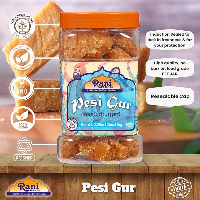 Rani Pesi Gur (Jaggery) Indian Unrefined Raw Cane Sugar 35oz (2.2lbs) 1kg PET Jar ~ Gluten Friendly | Vegan | NON-GMO | Kosher | No Salt or fillers | Indian Product