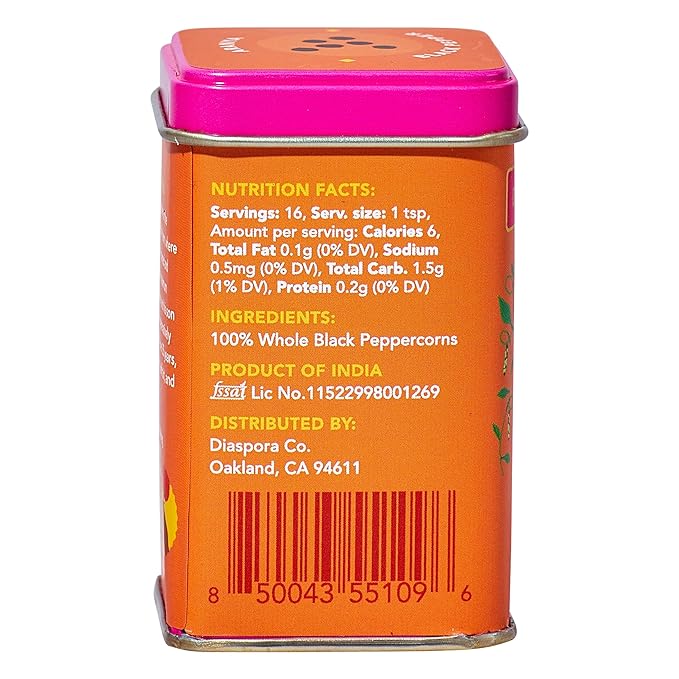 Diaspora Spice Co. Aranya Black Pepper | Single-Origin Whole Black Peppercorns for Grinder Refill | Fresh & Hand-Harvested | 53g Everyday Tin
