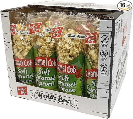 Caramel Cob Soft Caramel Popcorn ??16 Individually Wrapped 2.5 oz Bars ??Gluten-Free, Peanut & Tree Nut-Free ??Microwaveable for Warm, Gooey Taste ??Made in the USA ??Classic Sweet Snack