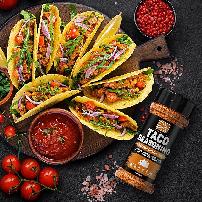 Taco Seasoning Mix Cheddar Cheese Powder - Gluten Free & Low Sodium Mild Cheesy Mexican Seasoning Blend for Taco Tuesday Night. Spicy Nacho Cheese Powder for Fajita & Burrito. Hot Tacos Spices. 4.2oz
