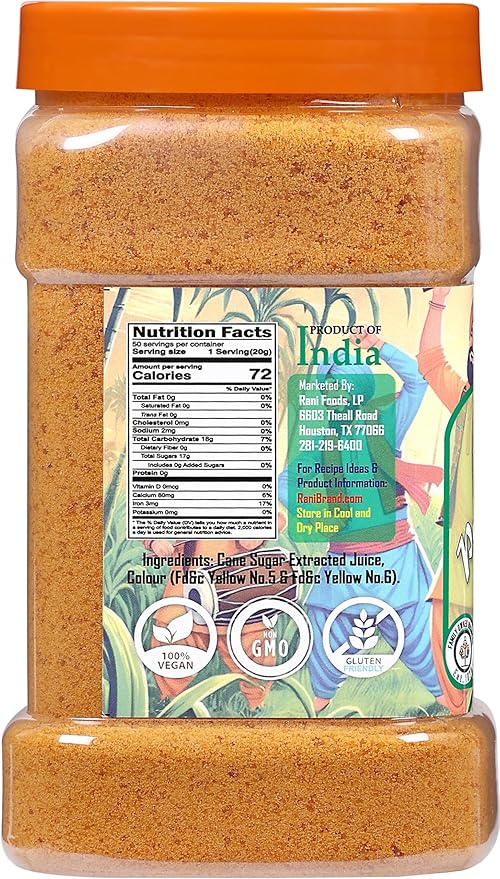 Rani Punjabi Shakkar (Gur Jaggery Powder) Indian Unrefined Raw Cane Sugar 35oz (2.2lbs) 1kg PET Jar ~ Gluten Friendly | Vegan | NON-GMO | Kosher | No Salt or fillers | Indian Product