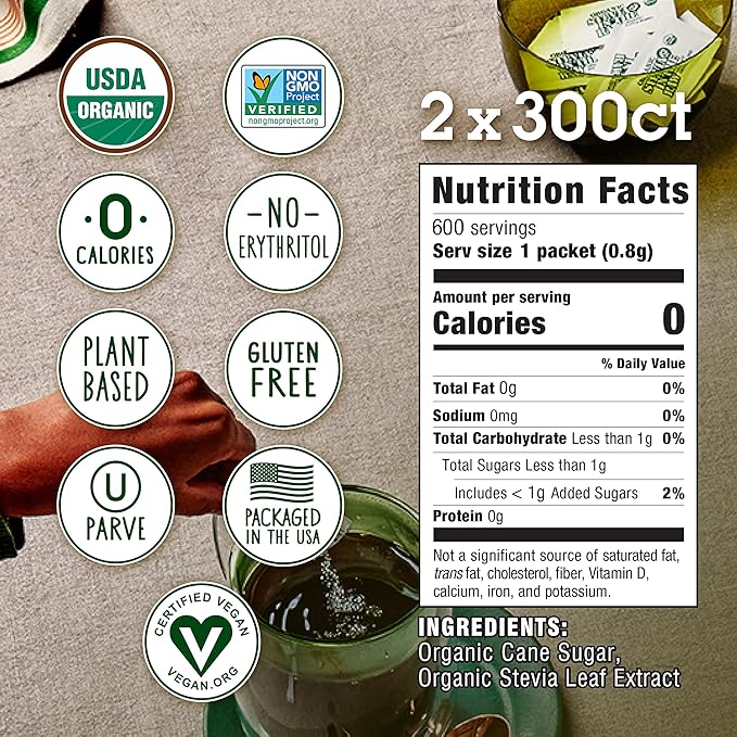 Stevia In The Raw Organic Stevia Sweetener Packets, 300 Ct Box, 2 Pack, Zero Calorie Stevia Sugar Substitute Packets, No Erythritol or Artificial Flavors, USDA Organic, Non-GMO Project Verified, Vegan