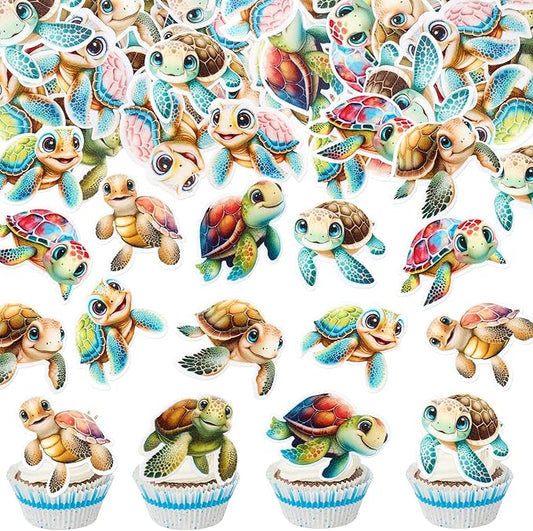 40 PCS Edible Turtles Cupcake Toppers for Baby Wafer Paper Sea Animals Baby Shower Party Picks for Drink Topper Sea Animals Theme Baby Shower Kids Birthday Party Supplies