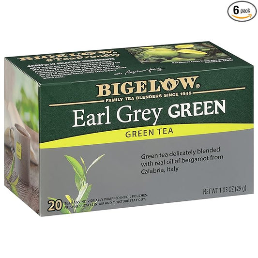 Bigelow Tea Earl Grey Green Caffeinated Bags, 20 Count, Pack of 6