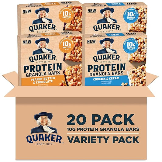 Quaker Protein Granola Bars, 2 Flavor Variety Pack, 10g Protein, 1.41 oz Bars, 20ct