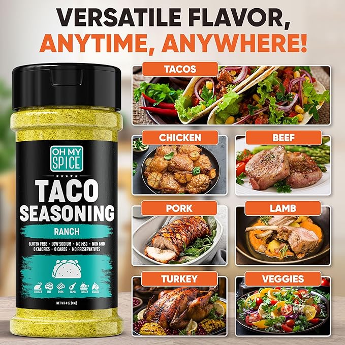 Taco Seasoning Mix Ranch Seasoning Powder - Gluten Free & Low Sodium Mexican Seasonings Blend for Taco Tuesday Night. Ranch Dressing Powder for Fajita & Burrito. Street Tacos Spices Toppings. 4oz