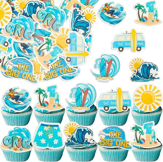 Gyufise 54Pcs Edible Surfing Cupcake Toppers Wafer Paper The Big One Surf Birthday Cake Dessert Picks Surfing 1st Birthday Decorations for Summer Hawaii Holiday Baby First Supplies Light Blue
