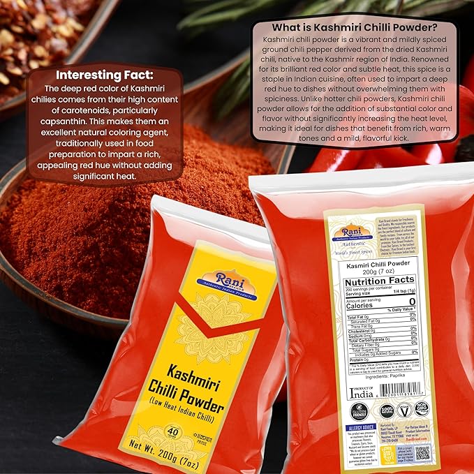 Rani Kashmiri Chilli Powder (Deggi Mirch, Low Heat) Ground Indian Spice 7oz (200g) ~ All Natural, Salt-Free | Vegan | No Colors | Gluten Friendly | NON-GMO | Kosher | Indian Origin