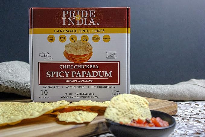 Pride Of India - Spicy Chickpea Masala Papadum Lentil Crisp, 10 count (3.53oz - 100gm) - Microwaveable Instant Chips, Gluten-Free Vegan Crackers, Healthy Protein, Fiber & Iron Rich Snacks