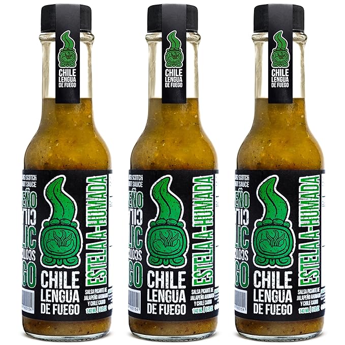 Hot Sauce | Chile Lengua de Fuego (Pack of 3, Estela A-Humada) – Smoky Medium Heat Green Sauce with Jalapeño, Garlic, Cilantro & Oak Smoke
