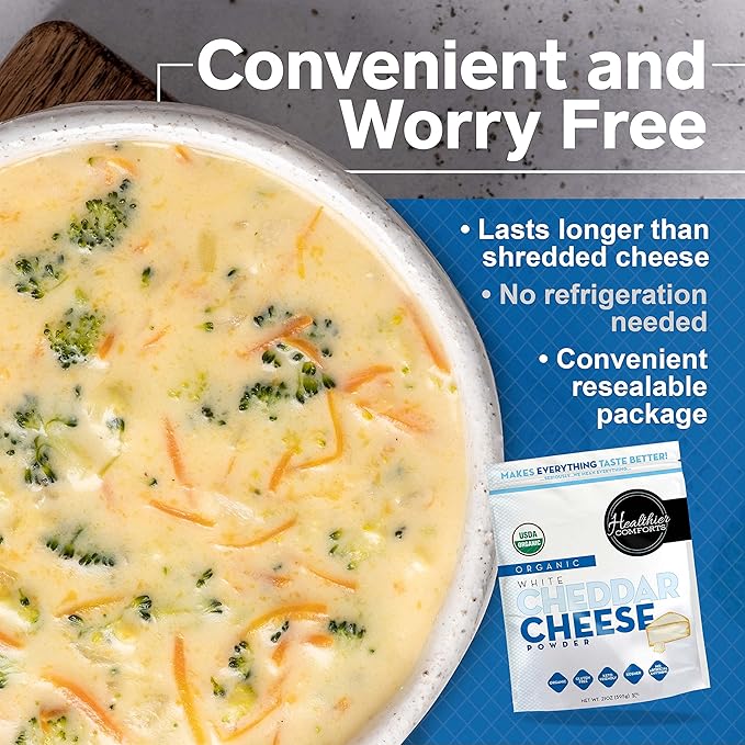 Healthier Comforts Organic White Cheddar Cheese Powder | Gluten Free, Kosher, Keto-Friendly, Non-GMO, Antibiotic & Hormone Free | Perfect for Popcorn Seasoning, Mac and Cheese, Pasta & Sauces (21 oz)