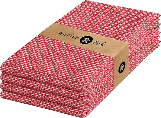 Native Fab 4 Pack Dotted Pattern Kitchen Dish Towels Cotton Super Absorbent Quick Drying Reusable 18x26 Inches - Bar Hand Towels, Kitchen Cleaning Towels with Hanging Loop, Red