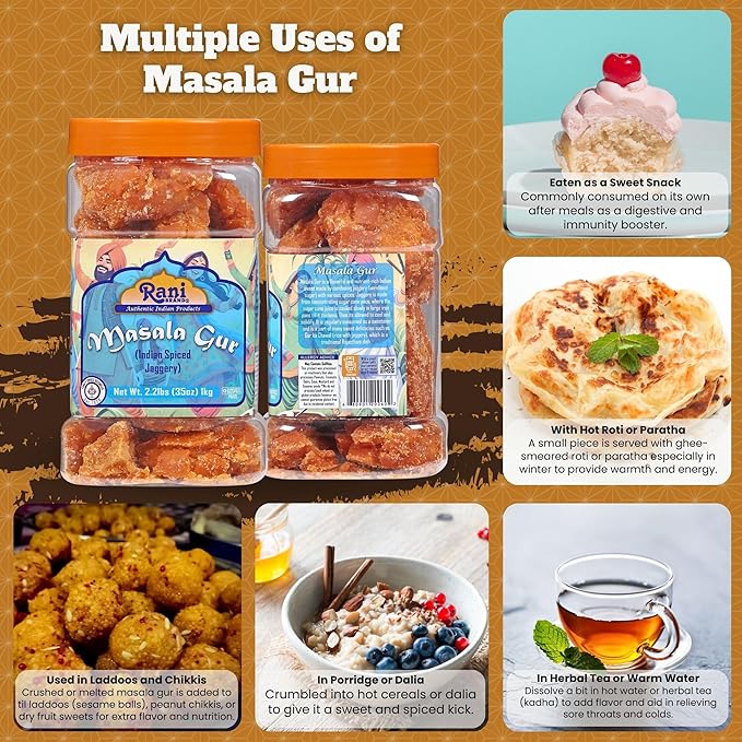 Rani Masala Gur (Jaggery) Indian Unrefined Raw Cane Sugar 35oz (2.2lbs) 1kg PET Jar ~ Gluten Friendly | Vegan | NON-GMO | Kosher | No Salt or fillers | Indian Product