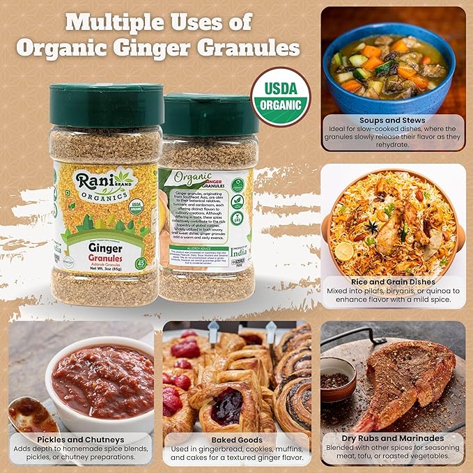 Rani Organic Granulated Ginger (Adarak Granules) 3oz (85g) PET Jar ~ All Natural | Gluten Friendly | Vegan | NON-GMO | Kosher | No Salt or fillers | Indian Origin | USDA Certified Organic
