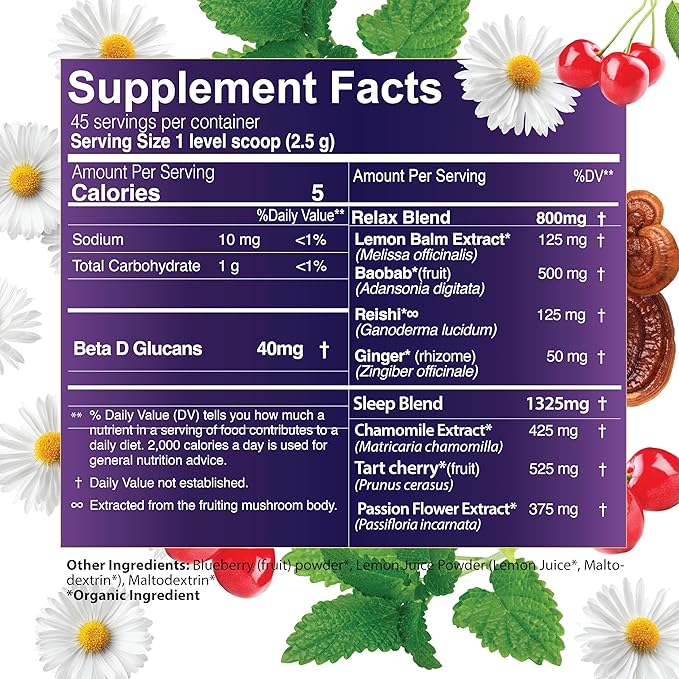 One Farm Dream Tea Sleep Powder - with USDA Organic Reishi, Tart Cherry, Chamomile, Lemon Balm, and Passionflower - 45 Servings in a Resealable Glass Jar - Soothing Chamomile Flavor