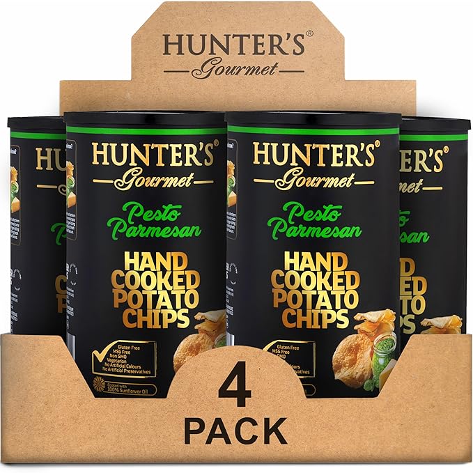 Hunter's Gourmet Hand-Cooked Chips | Made in a Nut-Free Facility | Premium Gourmet Snack | Travel Friendly | No Artificial Colors | Non-GMO | Pesto Parmesan Flavor | Vegetarian | Pack of 4 | 150g