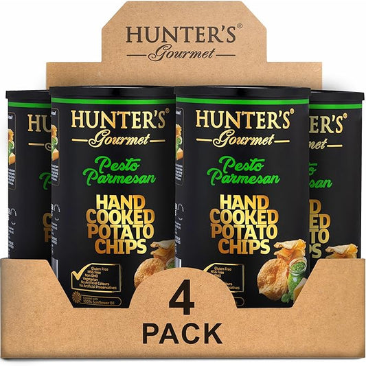 Hunter's Gourmet Hand-Cooked Chips | Made in a Nut-Free Facility | Premium Gourmet Snack | Travel Friendly | No Artificial Colors | Non-GMO | Pesto Parmesan Flavor | Vegetarian | Pack of 4 | 150g
