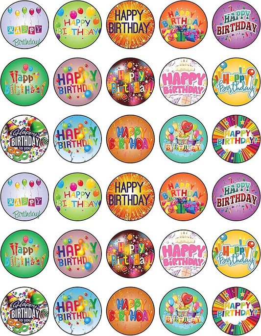 30 x Edible Cupcake Toppers Themed of Happy Birthday Collection of Edible Cake Decorations | Uncut Edible on Wafer Sheet