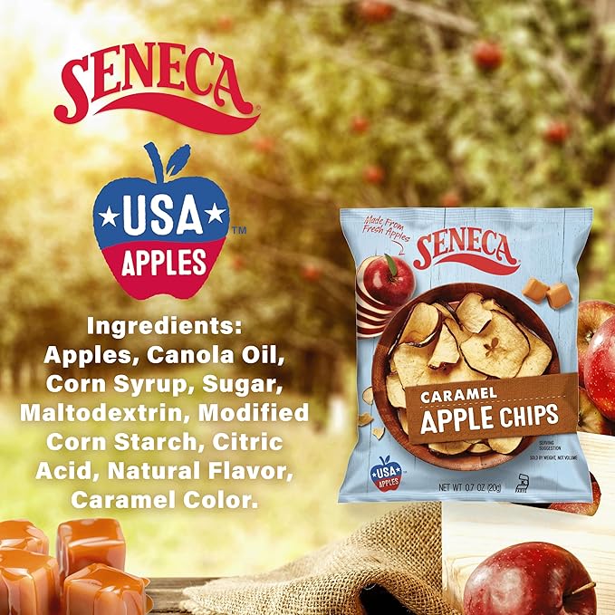 Seneca Caramel Apple Chips | Made from Fresh Apples | 100% Red Delicious Apples | Yakima Valley Orchards | Crisped Apple Perfection | Foil-Lined Freshness Bag | 0.7 ounce (Pack of 24)
