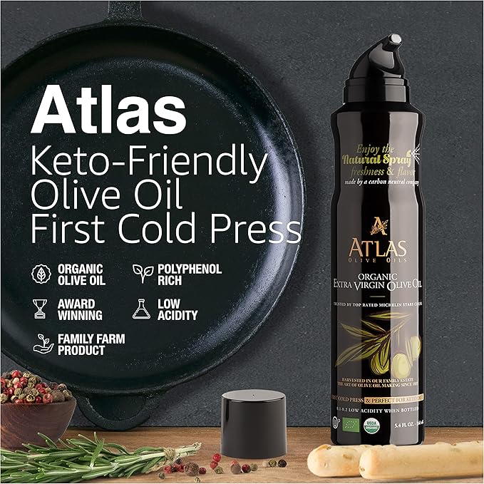 Cooking Oil by Atlas, Extra Virgin Olive Oil Spray, Dual Function Spray and Stream, 5.4 fl oz, 3 Pack, Non Stick, Polyphenol Rich Moroccan EVOO, Cold Pressed, Hydroxytyrosol Keto