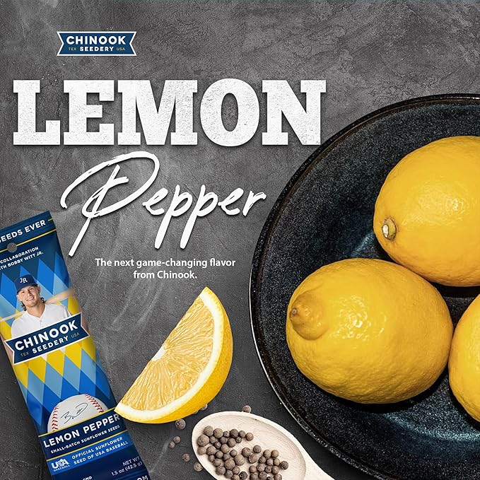 Chinook Seedery Roasted Sunflower Seeds to Eat - 1.5 oz (Pack of 36) Lemon Pepper - Jumbo Low Sodium Sunflower Seeds Keto Snacks - Adventure, Baseball, School Snacks - Gluten Free, Non GMO Snacks