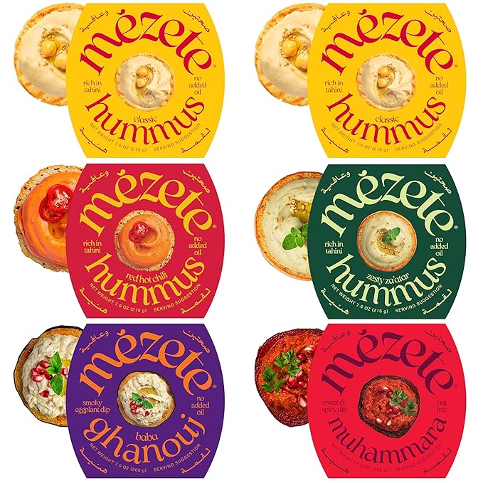 Mezete All-Natural Dip Snack Pack | No Added Oils | Preservatives-Free Variety Pack | Halal | Vegan Dips & Spreads | Authentic Middle Eastern Taste | Great for Pita, Chips & Charcuterie | Pack of 6