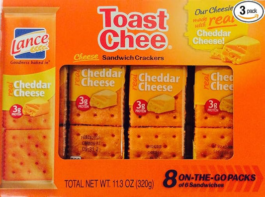 Lance Toast Chee Cheddar Cheese Sandwich Crackers 8 On-The-Go Packs of 6 Sandwiches 11.3 oz (Pack of 3)