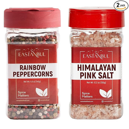 Salt and Pepper for Grinder Refill, Rainbow Peppercorns Whole 4.9oz + Pink Himalayan Salt 12.3oz, Rainbow Peppercorns for Grinder Refill, Natural Himalayan Pink, Spice Buddies Series