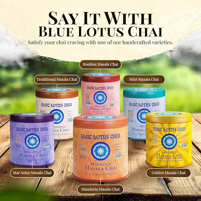Blue Lotus Chai - Mandarin Flavor Masala Chai - Makes 100 Cups - 3 Ounce Masala Spiced Chai Powder with Organic Spices - Instant Indian Tea No Steeping - No Gluten