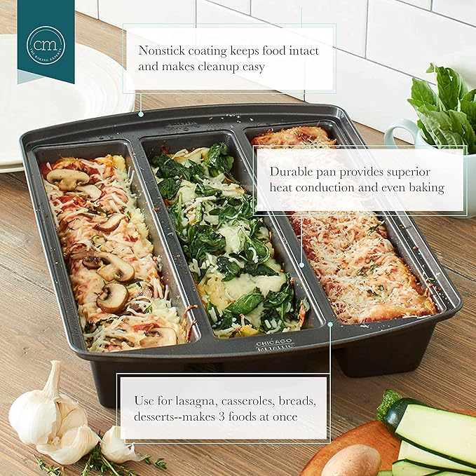 Chicago Metallic Professional Lasagna Trio Pan, Perfect for loaf breads, cakes and more 12.5 by 16 by 3 inches, Silver