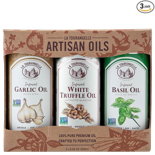 La Tourangelle, Infused Trio of Oils - Basil Oil, Garlic Oil, White Truffle Oil,Complex Gourmet Earthy Flavor for Drizzling over Pasta, Popcorn, Vegetables, Potatoes, Soup and More, 8.45 Fl Oz (Set of 3)