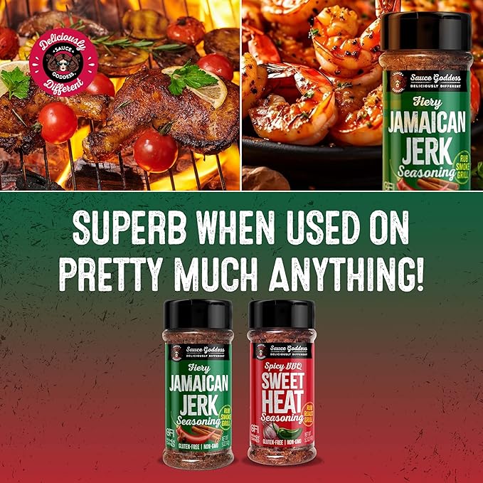 Sauce Goddess - Spicy BBQ Sweet Heat & Fiery Jamaican Jerk Duo Premium Spices, No MSG, No Additives, Plant-Based, Shakers for Meat & Veggies - 2-Pack