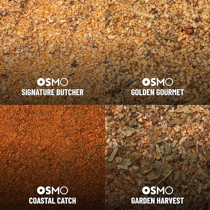 Osmo Seasonings and Sea Salt Bundle, Flakey White Sea Salt, Signature Butcher Rub, Golden Gourmet Blend, Coastal Catch Seasoning & Garden Harvest Blend (Pack of 5)