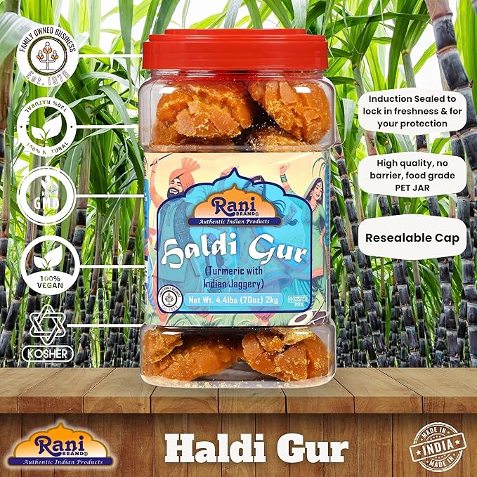 Rani Haldi Gur (Turmeric with Indian Jaggery) Indian Unrefined Raw Cane Sugar 70oz (4.4lbs) 2kg PET Jar ~ Gluten Friendly | Vegan | NON-GMO | Kosher | No Salt or fillers | Indian Product