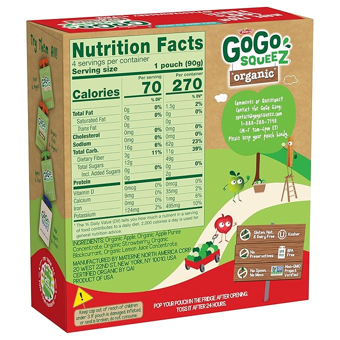 GoGo squeeZ Organic Applesauce and Fruit Puree Apple Strawberry, 3.2 oz (Pack of 48), Unsweetened Organic Fruit Snacks for Kids, Gluten Free, Nut Free and Dairy Free, Recloseable Cap, BPA Free Pouches