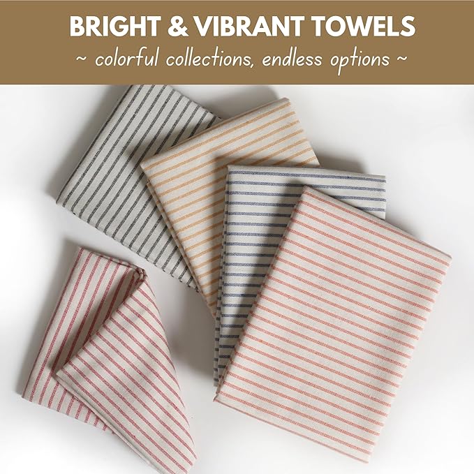 Native Fab 4 Pack Stripe Kitchen Dish Towels - 100% Cotton - 18x26 Inches - Lightweight, Quick Drying, Reusable Kitchen Cleaning Towels with Hanging Loop, Absorbent Hand Towels - Orange