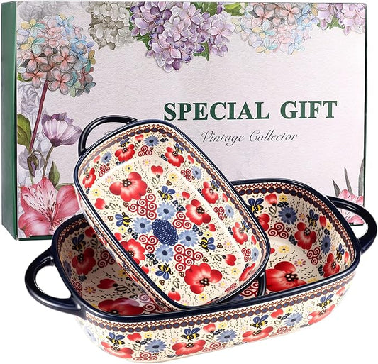 Ceramic Baking Dish Set of 2 ??Decorative Polish Pottery Style Casserole Dishes with Handles, Cute Oven-Safe Lasagna Bakeware Gift Set