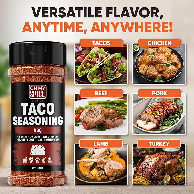 Taco Seasoning Mix BBQ Rub - Gluten Free & Low Sodium Mexican Seasoning Blend for Taco Tuesday Night. BBQ Seasonings for Fajita & Burrito. Meat, Steak & Chicken Tacos Barbecue Spice Toppings. 4.1oz