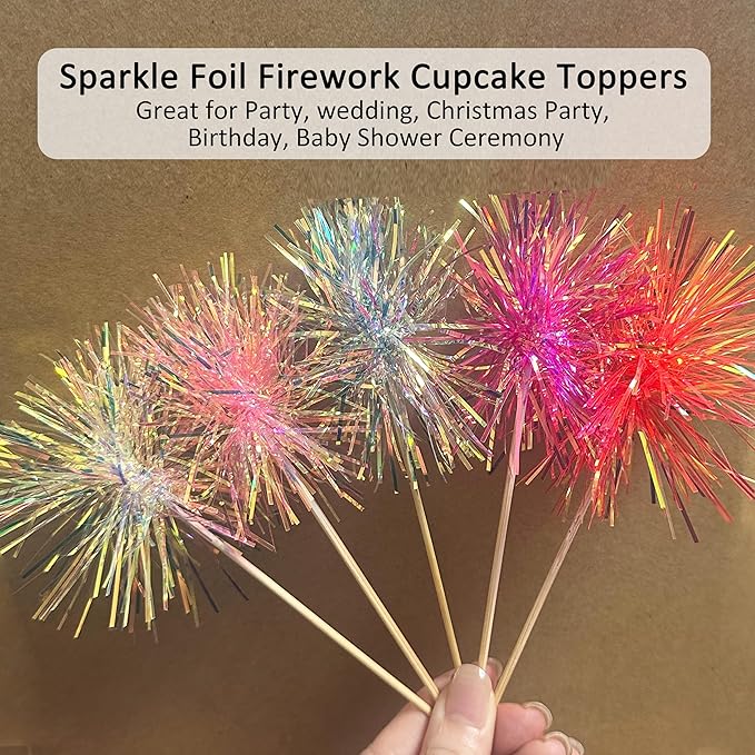 10PCS Foil Firework Cupcake Toppers, Takemay Happy Birthday Cake Toppers, Sparkle Tinsel Flower Drink Stirrers Cocktail Food Fruit Toothpicks for Party Birthday Wedding Ceremony