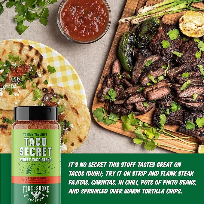 Fire & Smoke Society Taco Secret Taco Seasoning Mix | XL Bottles | Fajita Seasoning Mix, Carnitas, Meat, Mexican Spice Blend | MSG Free, Gluten Free, Non-GMO | 9.2 oz (2-Pack)