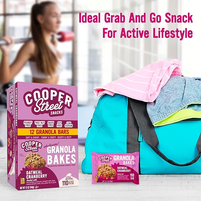 Cooper Street Oatmeal Cranberry Granola Bakes (48 Count) ??Individually Wrapped Soft and Chewy Granola Bars Bulk ??Low Sodium, Nut & Dairy Free - Perfect As Healthy Bulk Office or Classroom Snacks