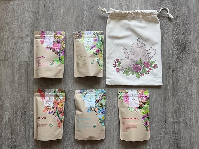 Gardenika Organic Loose Leaf Tea Set - Herbal and Caffeine-Free Variety - Kosher, No Natural or Artificial Flavors - 5 Pack