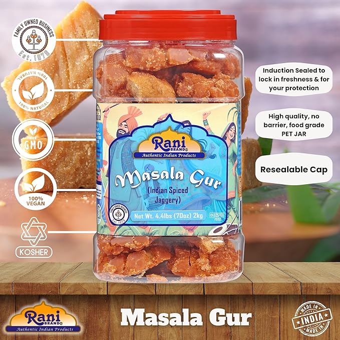 Rani Masala Gur (Jaggery) Indian Unrefined Raw Cane Sugar 70oz (4.4lbs) 2kg PET Jar ~ Gluten Friendly | Vegan | NON-GMO | No Salt or fillers | Indian Product