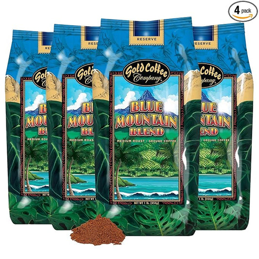Gold Coffee | Blue Mountain Premium Blend, Medium Roast, Ground | 100% Arabica Coffee, 1 lb. (Pack of 4)