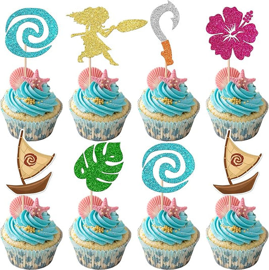 Rsstarxi 24 Pack Moana Cupcake Toppers Moana Birthday Decorations Palm Leaf Flower Cupcake Picks for Baby Shower Tropical Luau Summer Hawaiian Birthday Party Cake Decorations Favor