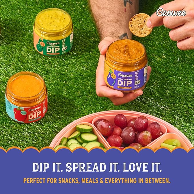 Growee Vegan Dip Pack ??Plant-Based Queso, Nut-Free, Mayo & Dressing Alternative ??Dairy-Free & Gluten-Free ??3 Flavor Variety: Red Pepper, Garlic Eggplant, Curry Zucchini